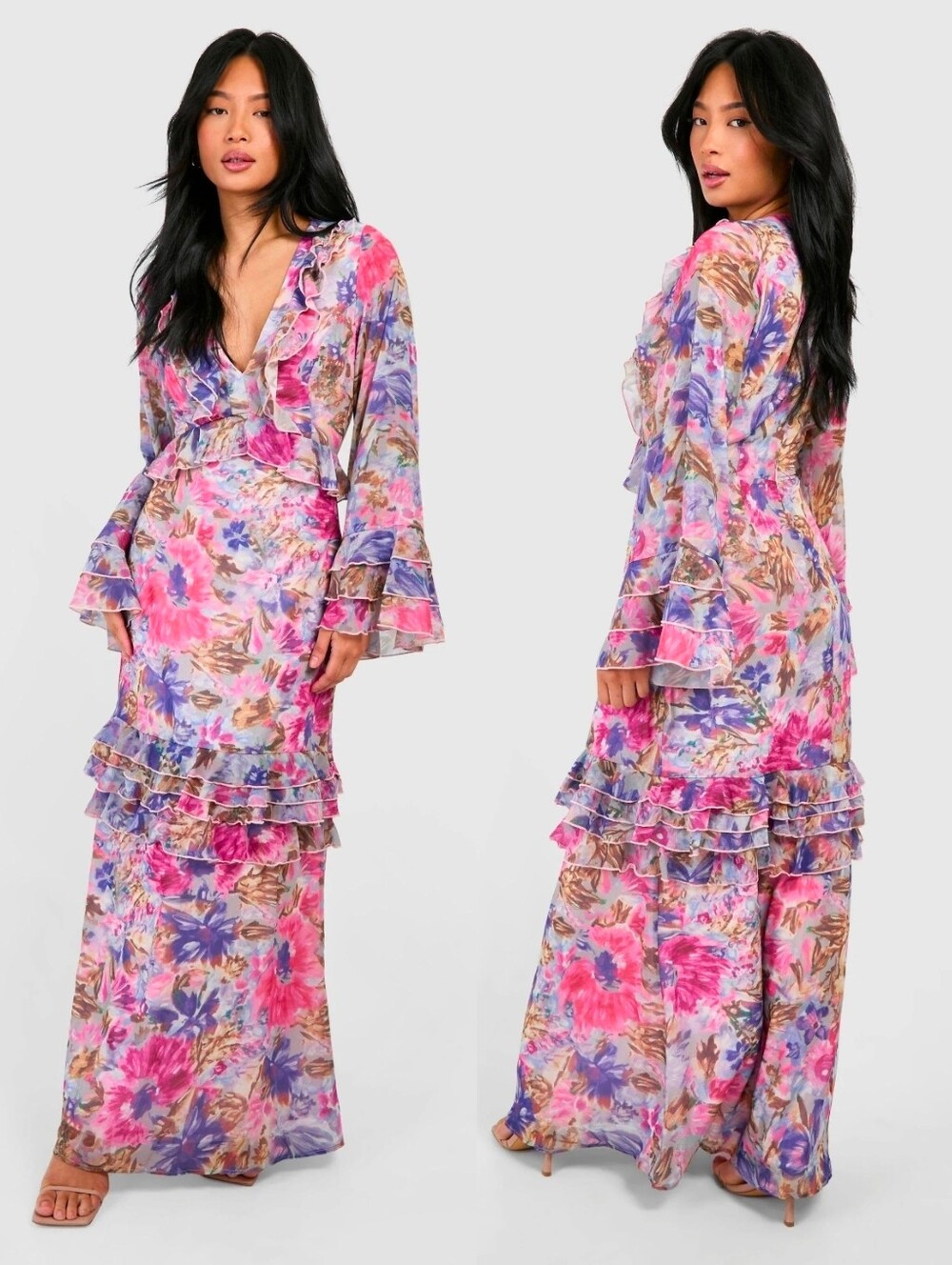 NWT BOOHOO Pink Floral Ruffle Flare Sleeve Woven Maxi Dress